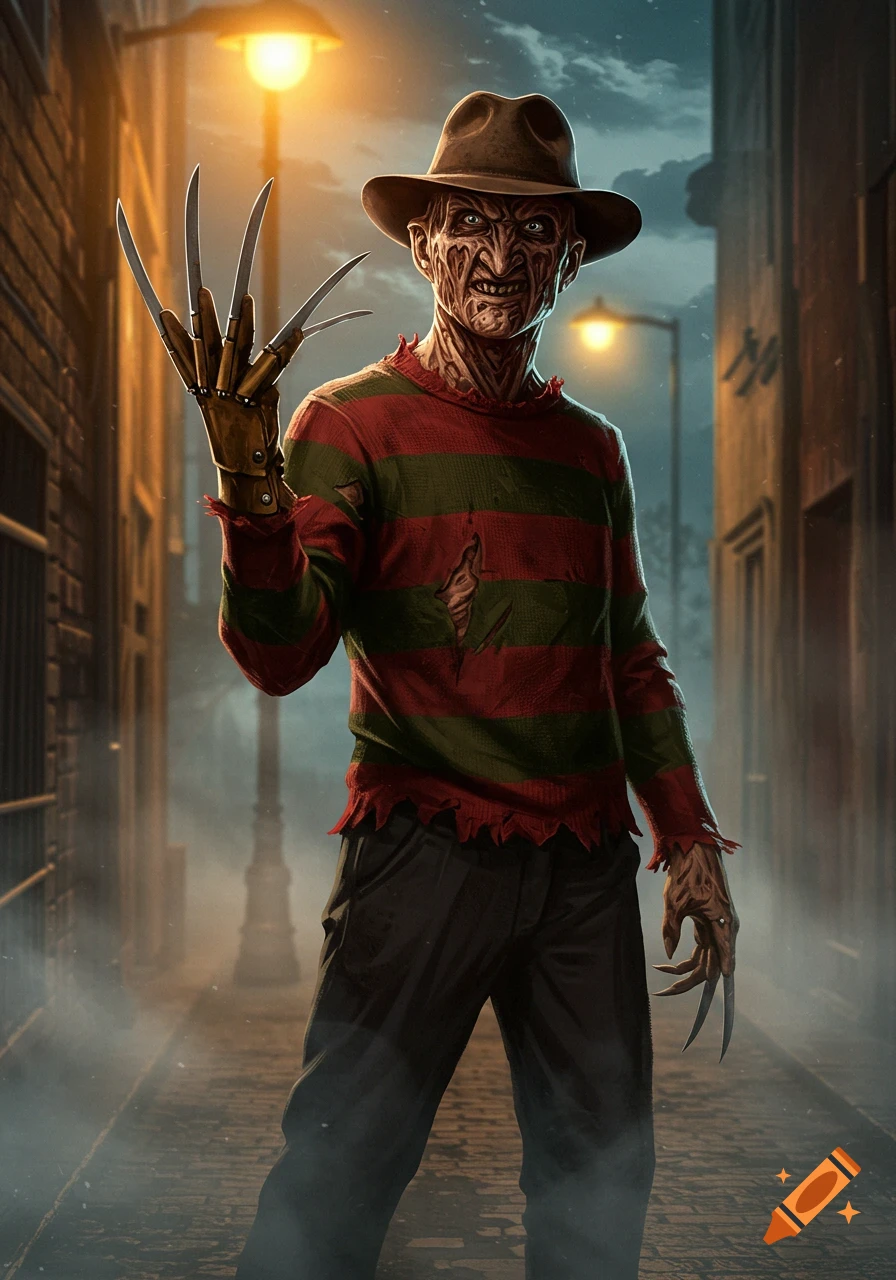 Freddy Krueger stands in a dark, misty alley with streetlights, raising his bladed glove, in a detailed horror illustration.
