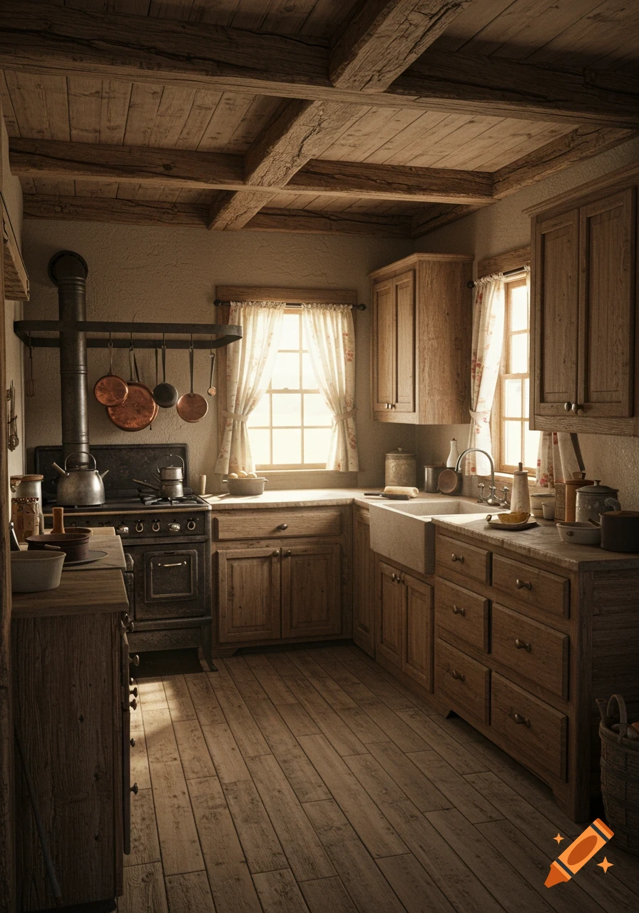 A rustic, old western-style kitchen with wooden cabinets, a cast-iron stove, and a large sink, bathed in sunlight from the windows.