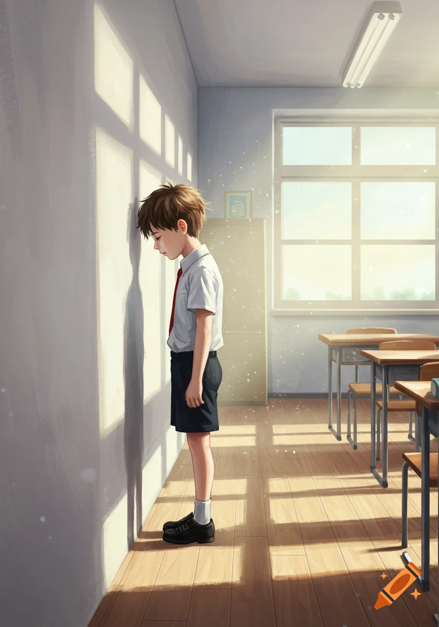 An anime schoolboy in uniform stands facing a wall in a sunlit classroom, head bowed as if in punishment.