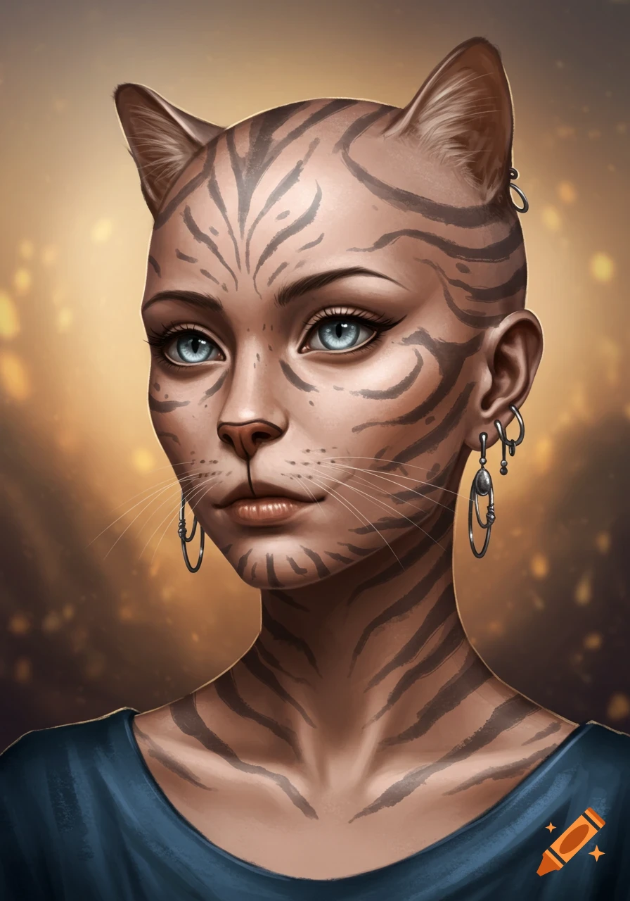 A striking portrait of a bald woman with tabby cat stripes, piercing blue cat-like eyes, a split lip, and multiple earrings.