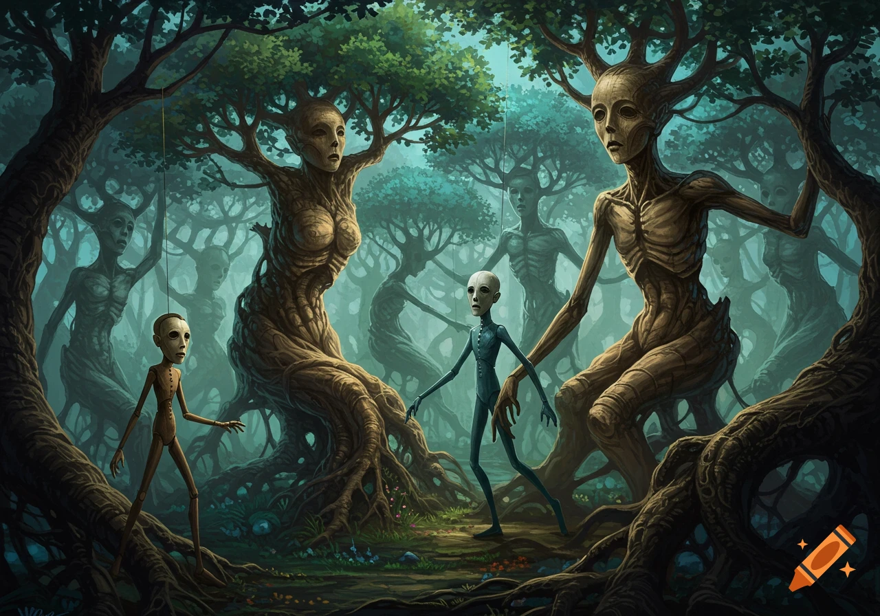 A dark surreal forest with humanoid tree creatures and strange puppet-like figures.
