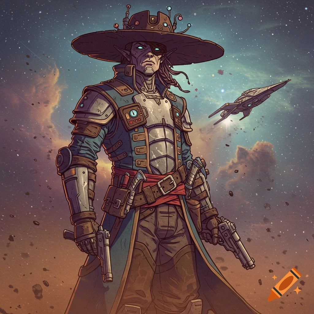 Cell-shaded space pirate in a wide-brimmed hat and armored coat, holding two pistols, in a cosmic landscape.