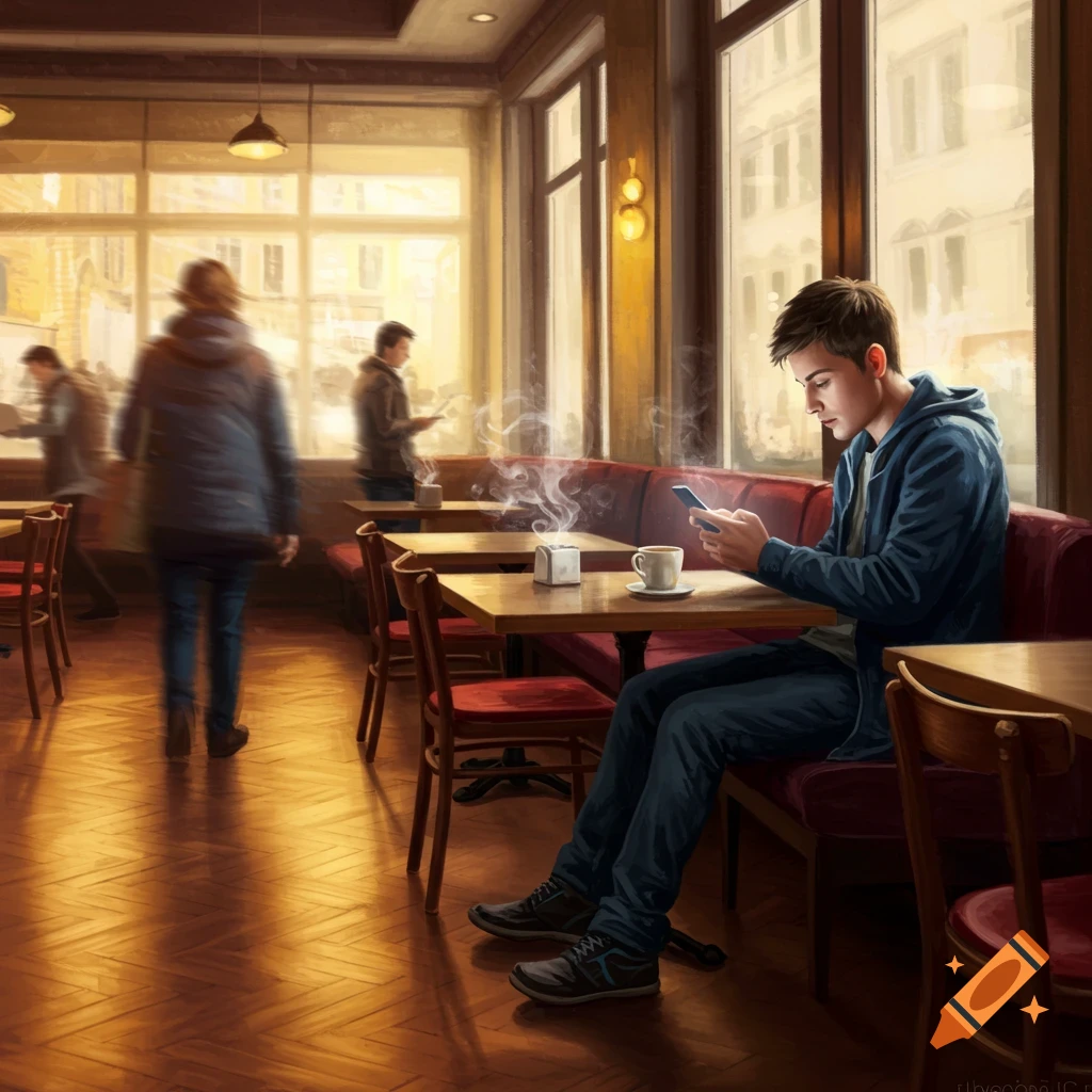 A young man sits engrossed in his mobile phone at a table in a sunlit cafe.
