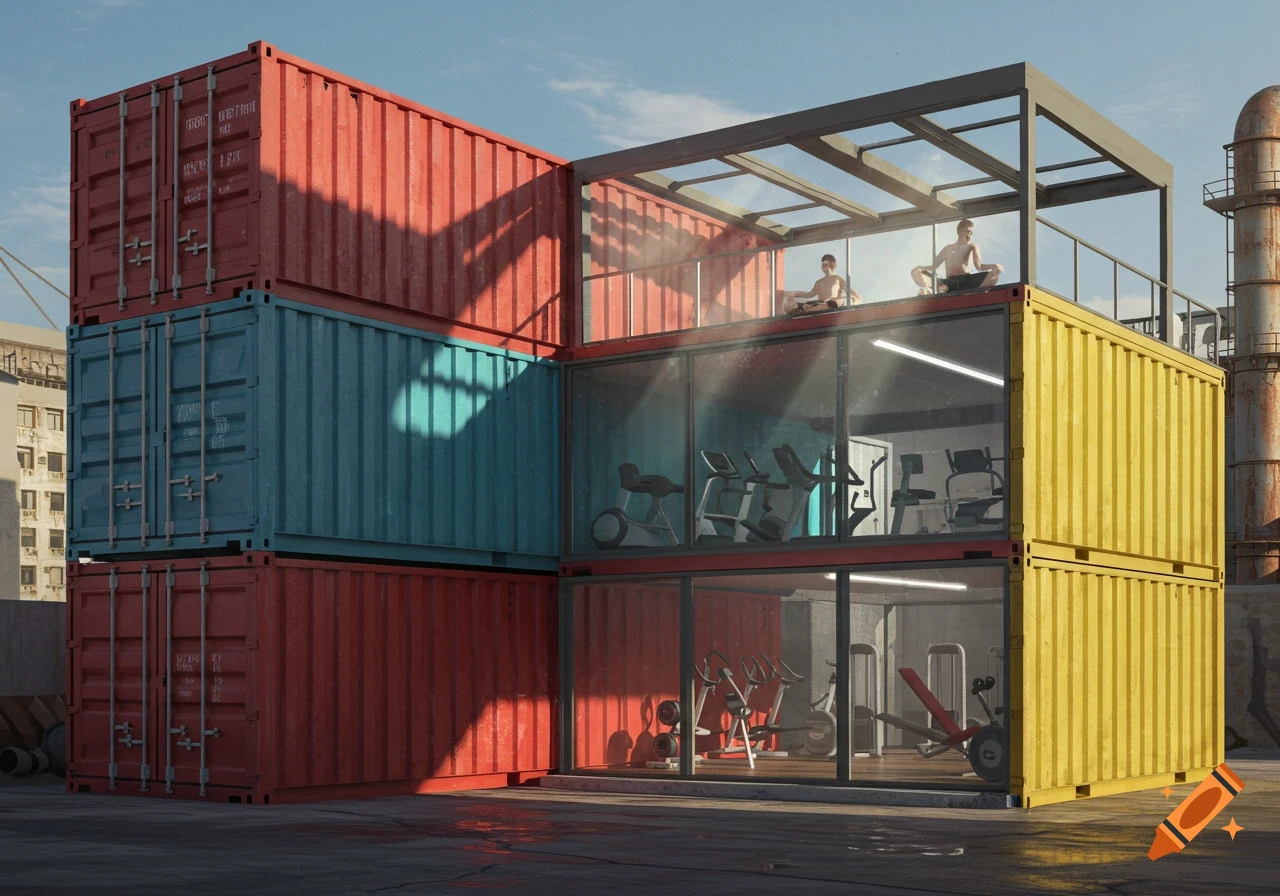 A multi-story gym built from stacked red, blue, and yellow shipping containers with large windows. Two men meditate on the roof.
