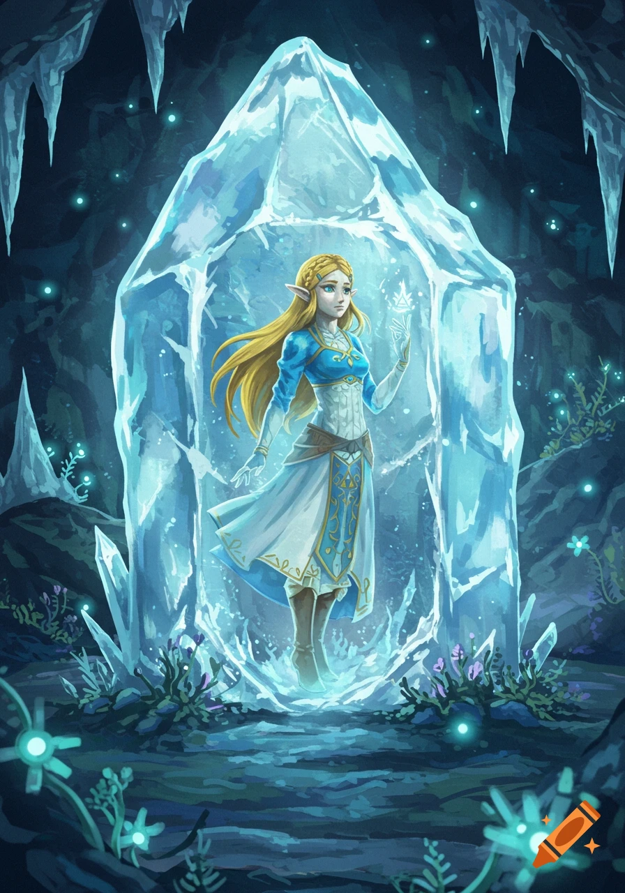 Princess Zelda from Breath of the Wild frozen in a large block of ice in an ethereal icy cave, digital art.