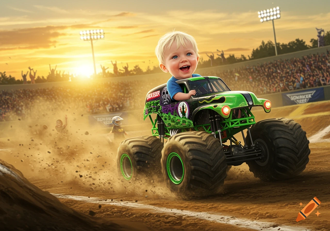 A happy blond toddler boy in a green monster truck drives through a stadium, kicking up dirt as the sun sets.