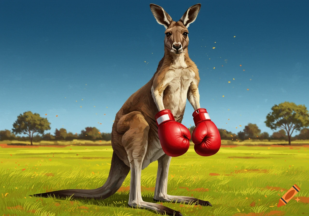 A cartoonish kangaroo wearing red boxing gloves stands in a green field under a clear blue sky.