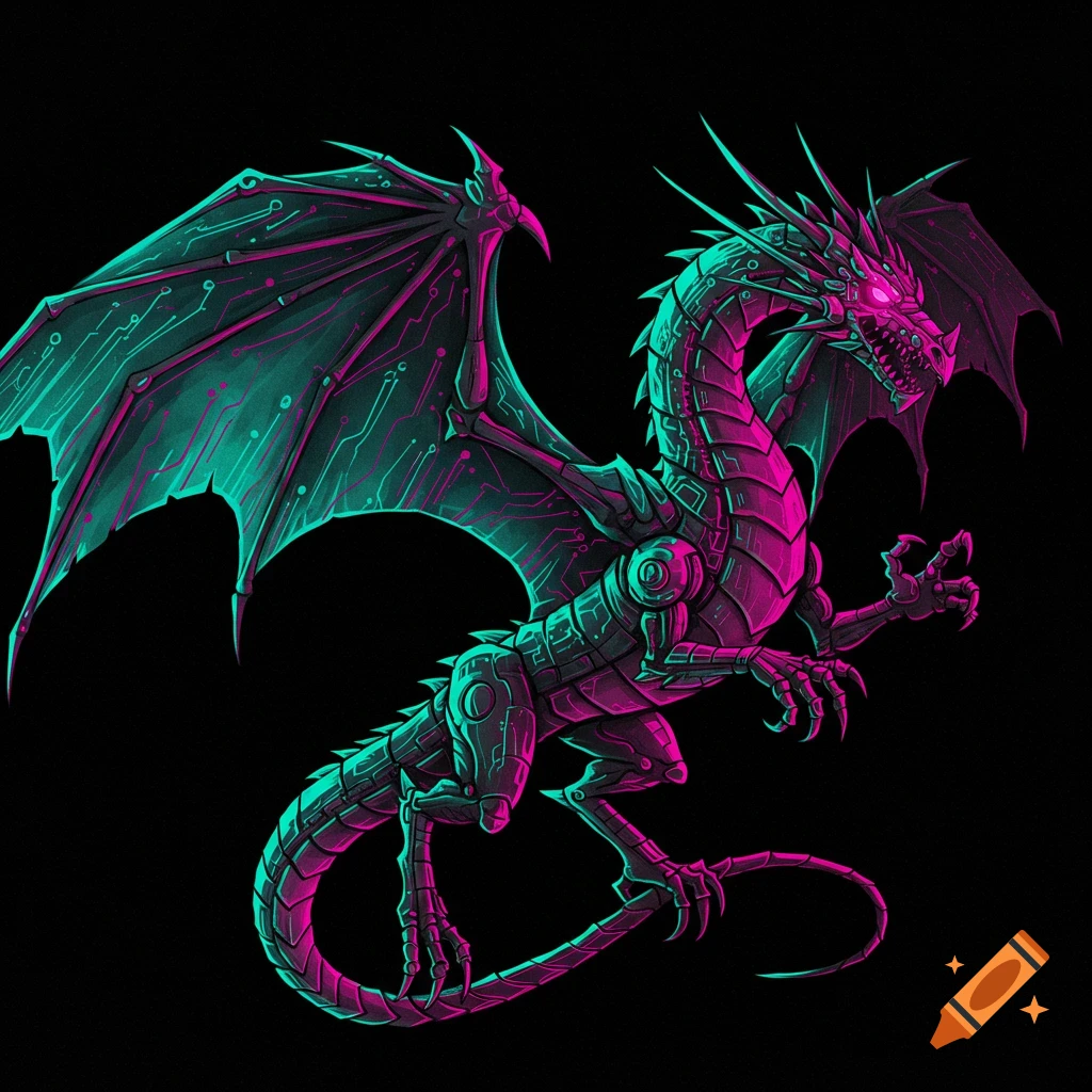 A cyberpunk dragon with glowing magenta eyes and a body patterned with glowing teal and magenta circuitry, against a black background.