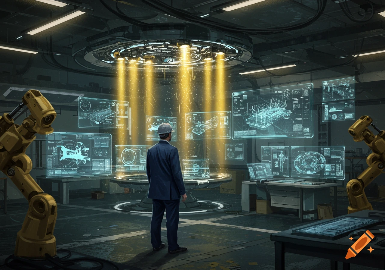 A man in a hard hat stands in a futuristic laboratory, surrounded by holographic screens displaying complex schematics and data. Golden light beams from a central device.