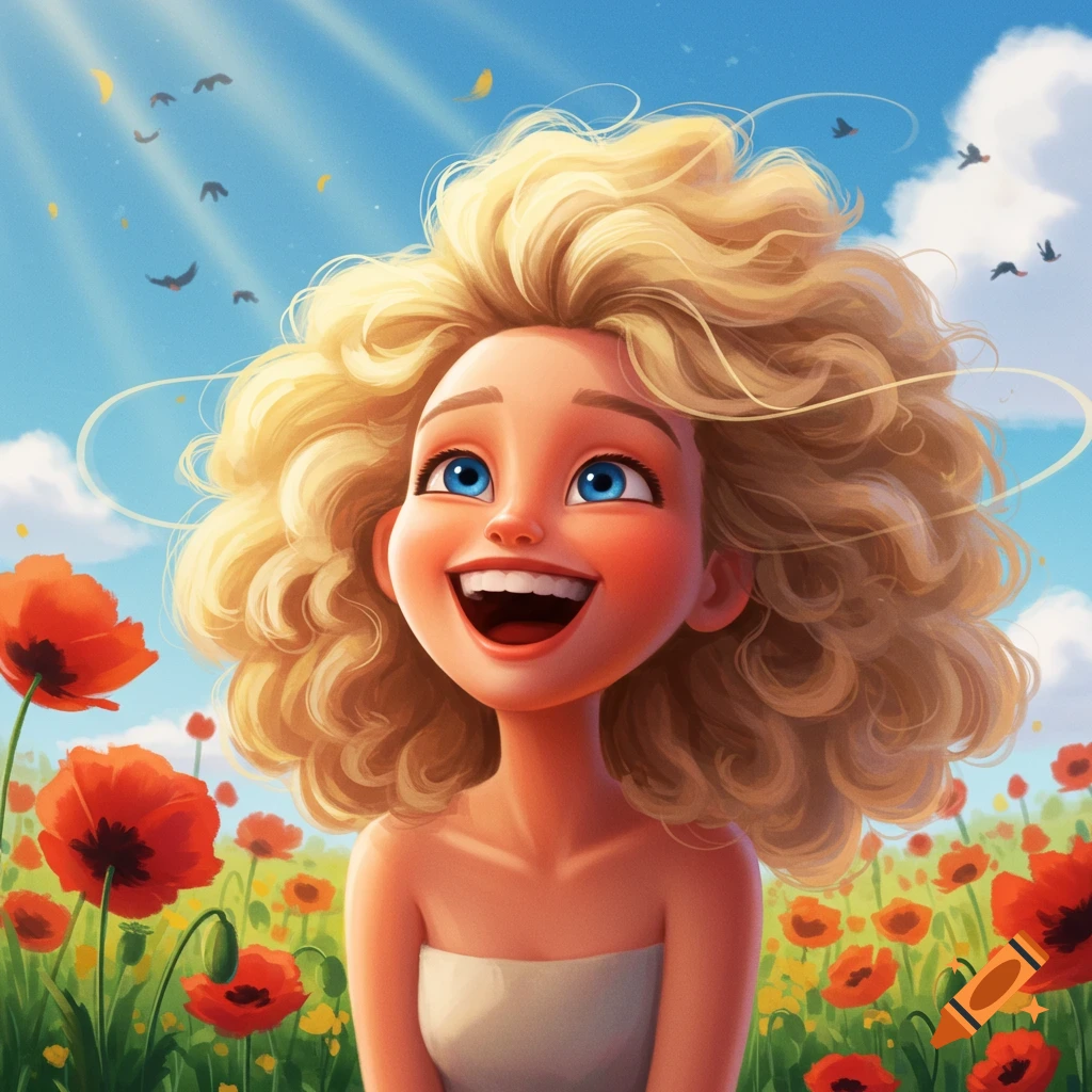 A cheerful, Pixar-style cartoon woman with curly blonde hair and blue eyes in a field of red poppies under a sunny sky.