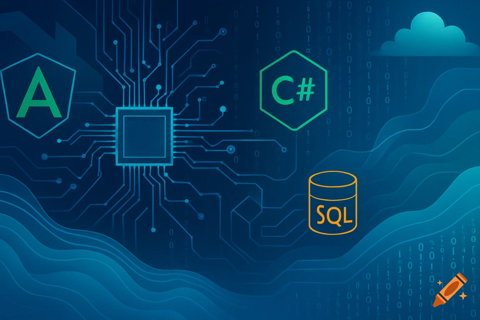 Digital illustration featuring a central circuit board chip with connections, surrounded by icons for Angular, C#, and SQL. A cloud symbol and binary code are in the background, all on a blue gradient.