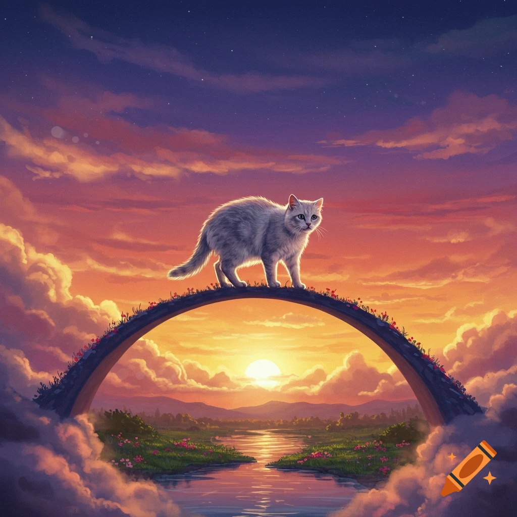 A grey cat stands on a curved bridge adorned with flowers, spanning a reflective river under a vibrant sunset sky.