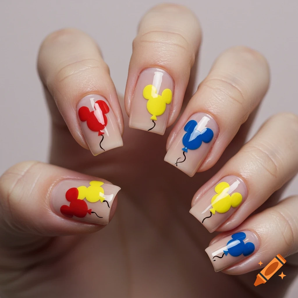 Close-up of nails with nude base polish featuring colorful Mickey Mouse head balloon designs.
