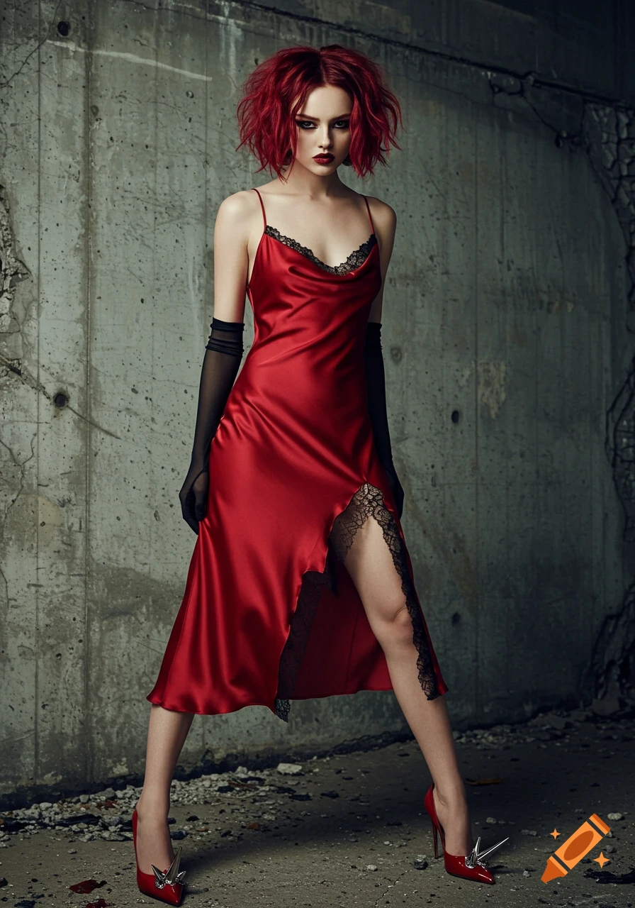 A woman with a messy red bob, dark makeup, wearing a red silk slip dress with black lace, long black gloves, and spiked red heels, posed against a concrete wall.