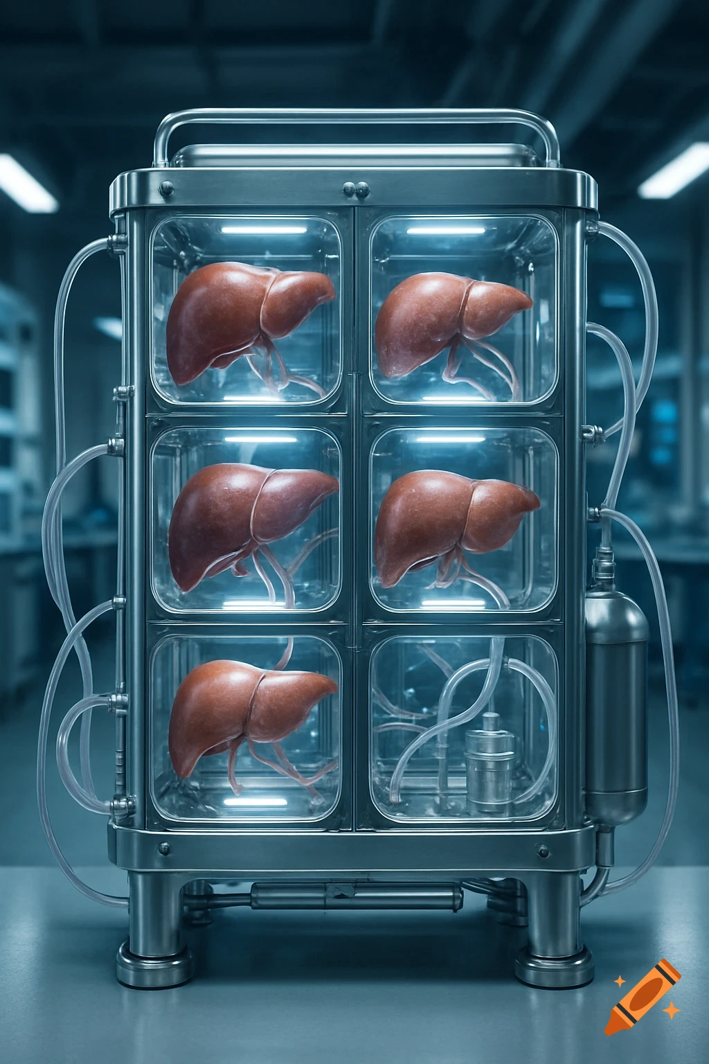 Photorealistic image of six human livers inside glowing transparent chambers of a futuristic medical perfusion machine in a lab.