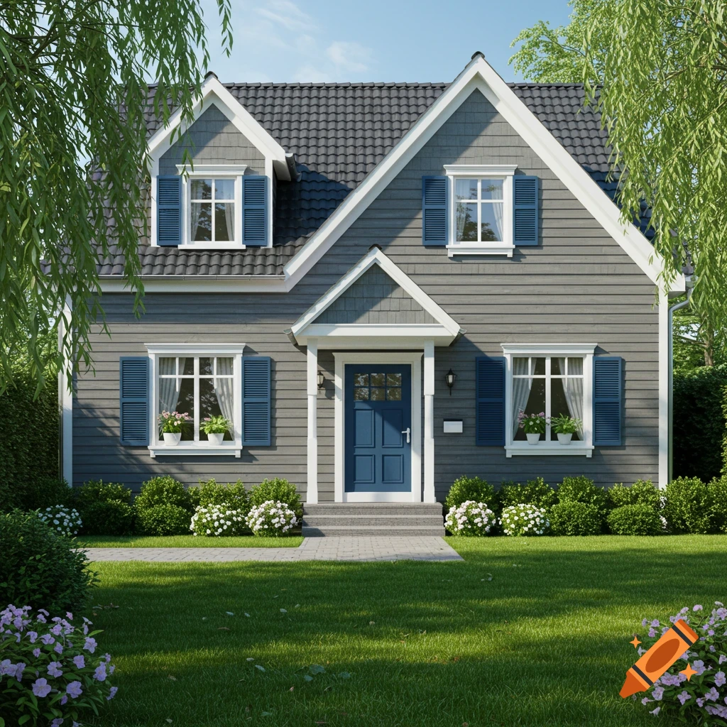 A photorealistic gray house with blue shutters and door, surrounded by a green lawn and bushes under a clear sky.