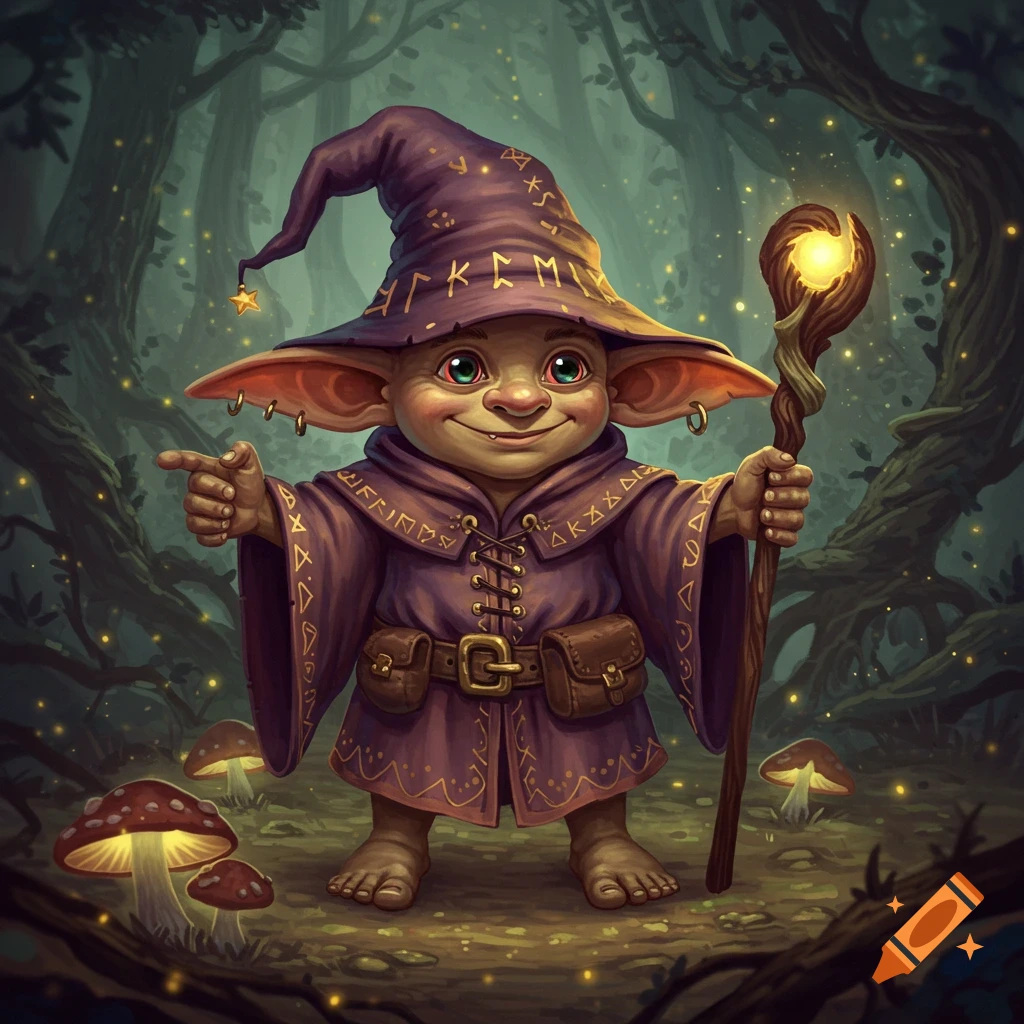A smiling, green-skinned goblin-like creature in a purple wizard's hat and robe holds a glowing staff and points, standing in a magical forest with glowing mushrooms.