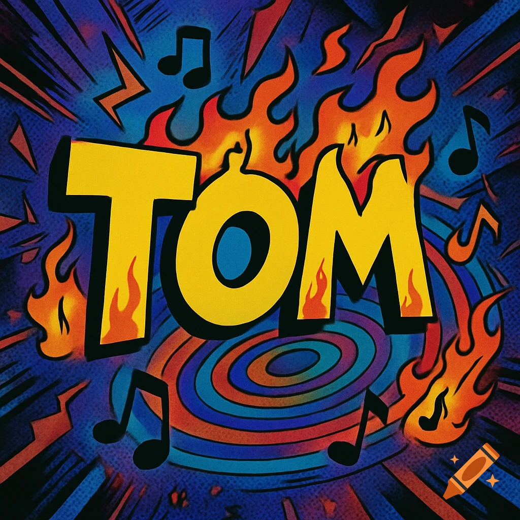 The word "TOM" in large yellow block letters with a black outline, engulfed in comic-style flames and surrounded by musical notes, lightning bolts, and swirling colorful patterns on a dark blue background with comic burst lines.