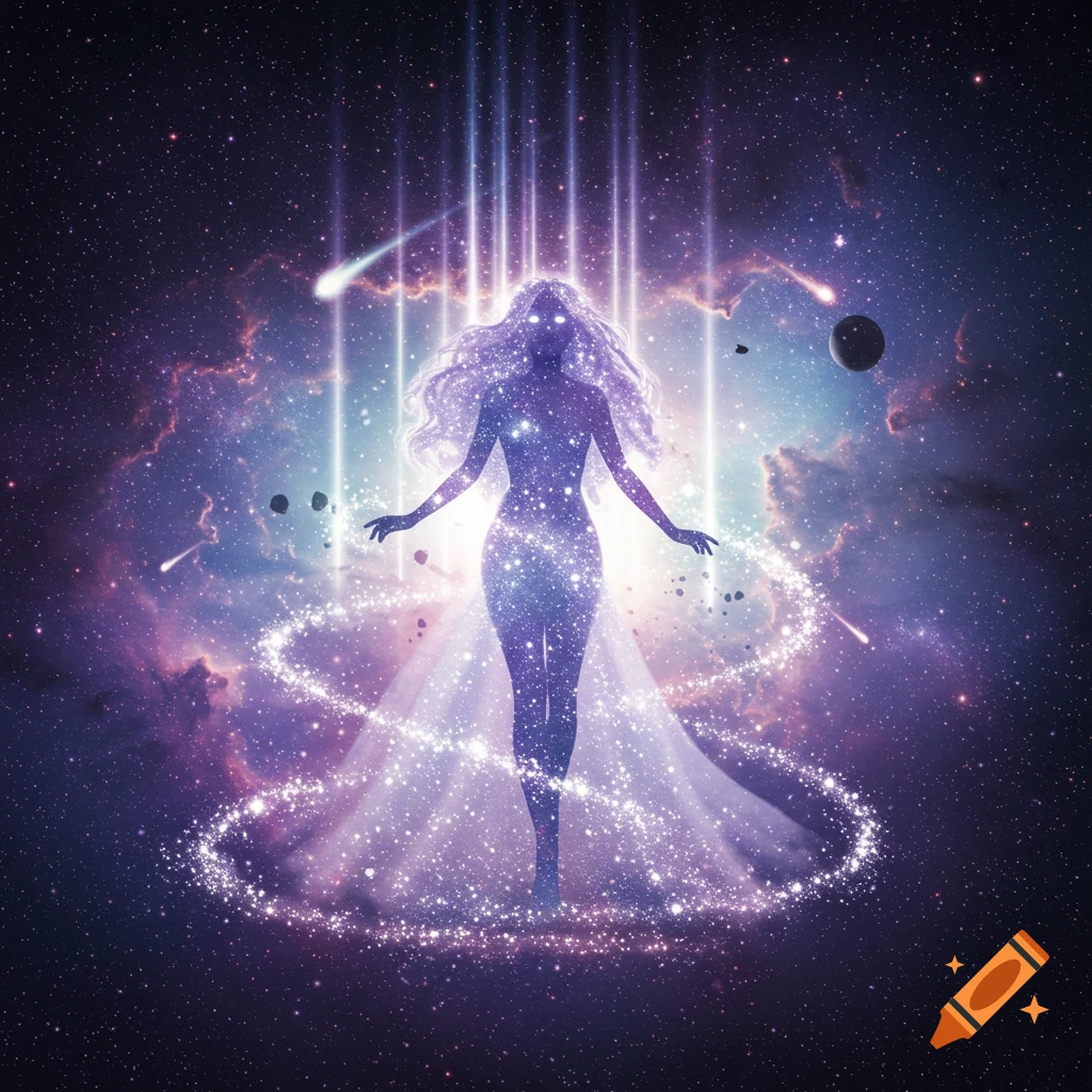 A glowing, ethereal woman stands silhouetted against a vibrant galaxy with stars, nebulae, and light beams.