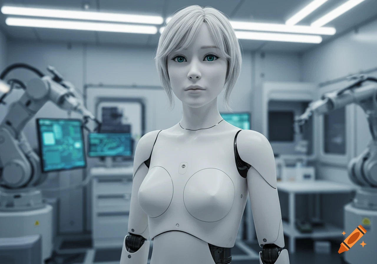A photorealistic image of a white humanoid robot with short blonde hair and blue eyes standing in a futuristic lab.