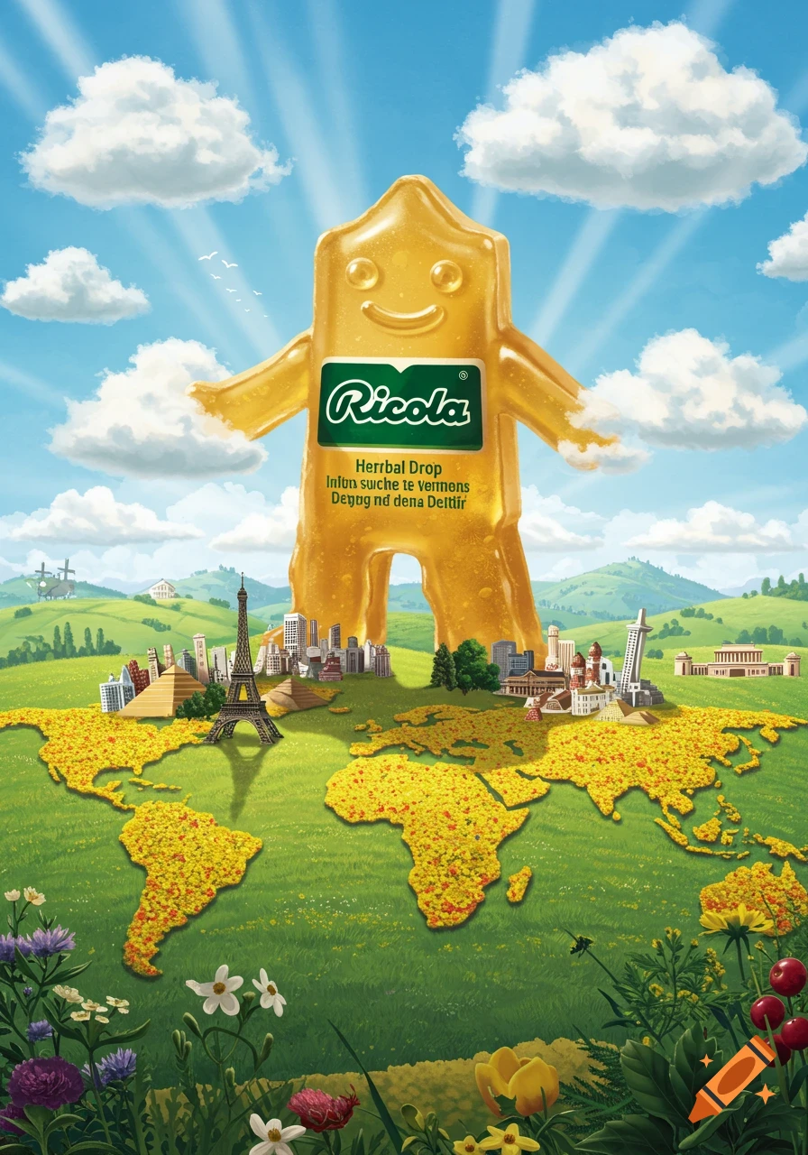 A giant smiling yellow Ricola candy stands over a world map made of yellow flowers, surrounded by miniature cityscapes and a vibrant landscape.