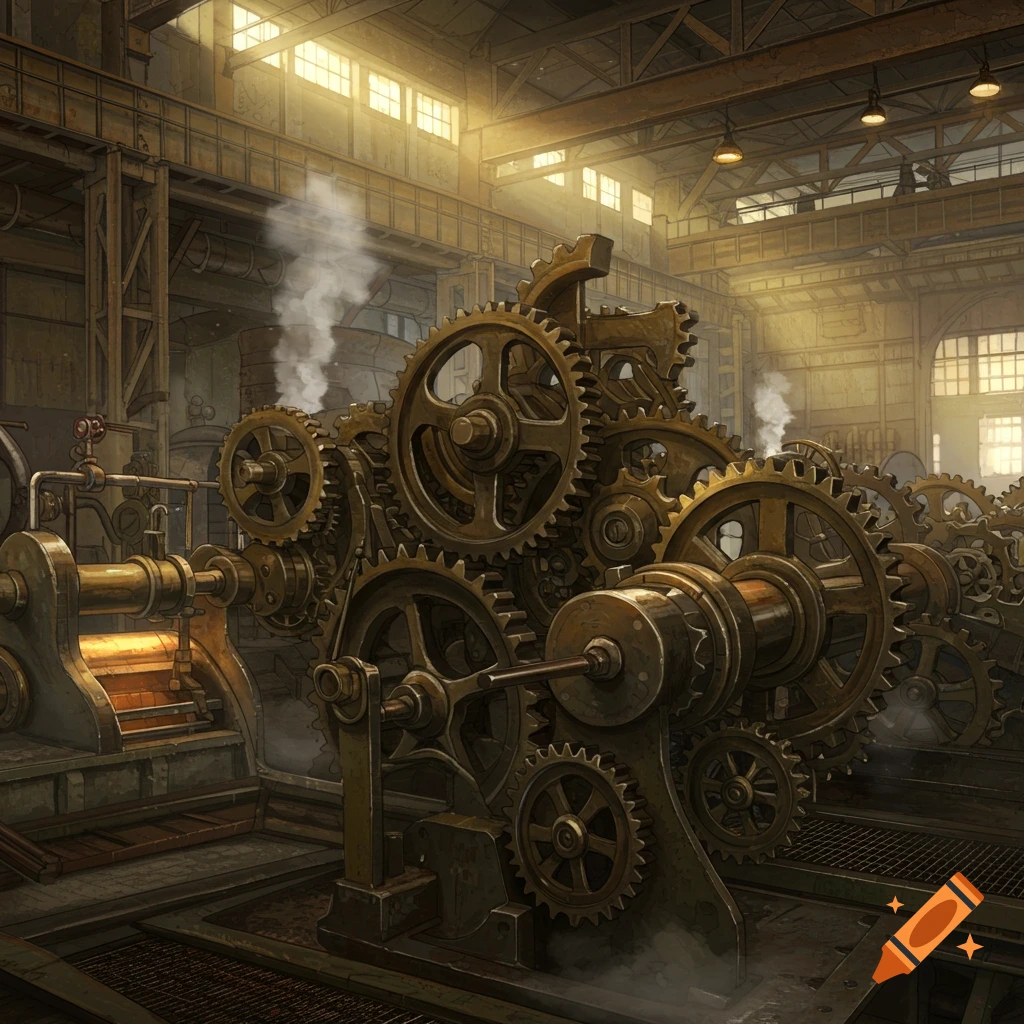 Detailed steampunk factory interior with intricate brass gears and machinery, light streaming through tall windows.