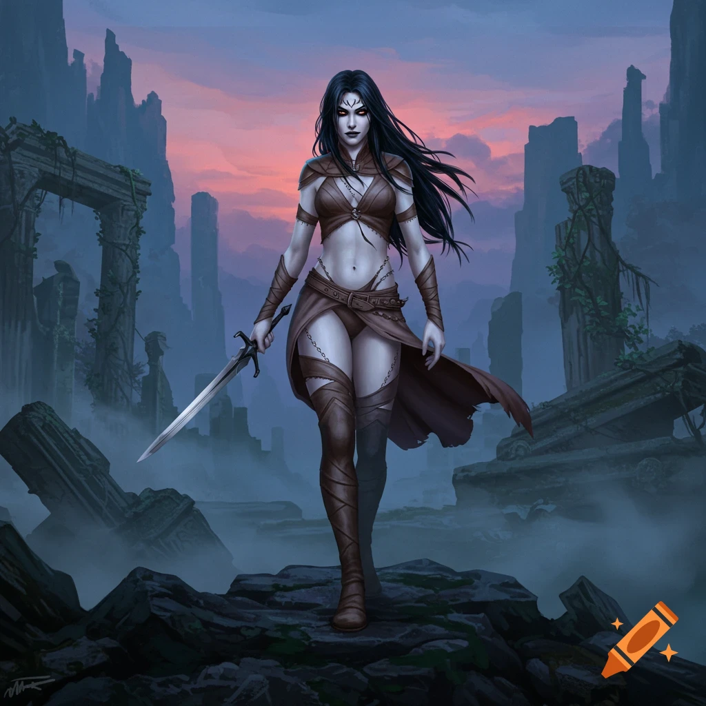 A pale-skinned female warrior with raven hair stands with a sword in a ruined landscape under a sunset sky, digital art style.