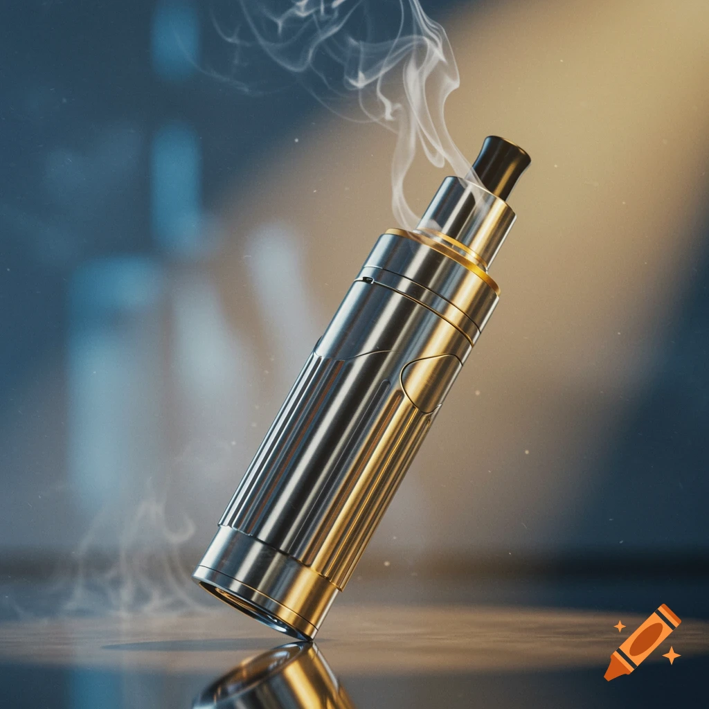 A metallic vape pen with a black mouthpiece stands tilted on a reflective surface, with smoke curling from its top against a blurred background.