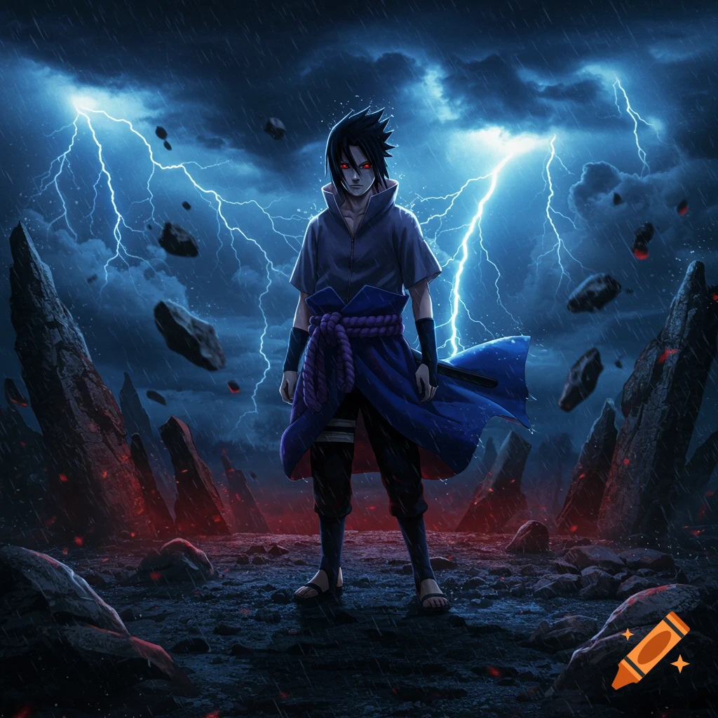 Anime character Sasuke Uchiha stands in a dark, rainy, rocky landscape with glowing red eyes, surrounded by lightning.