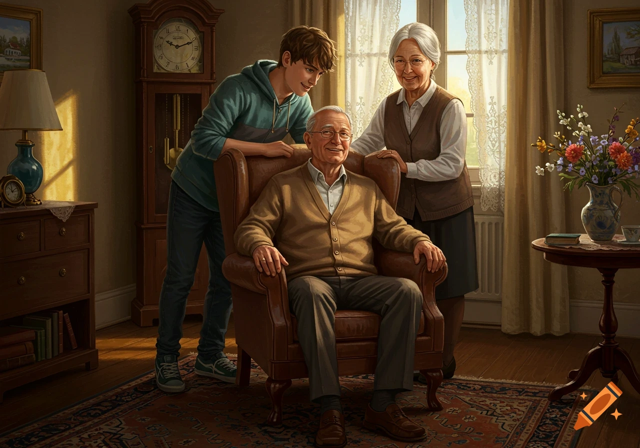 A teenage grandson stands behind his smiling grandparents, who are seated in an armchair in a cozy, sunlit living room.