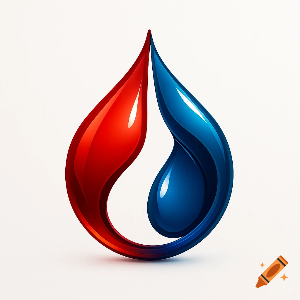 A glossy, intertwined logo featuring a red teardrop shape on the left and a blue teardrop shape on the right, on a white background.
