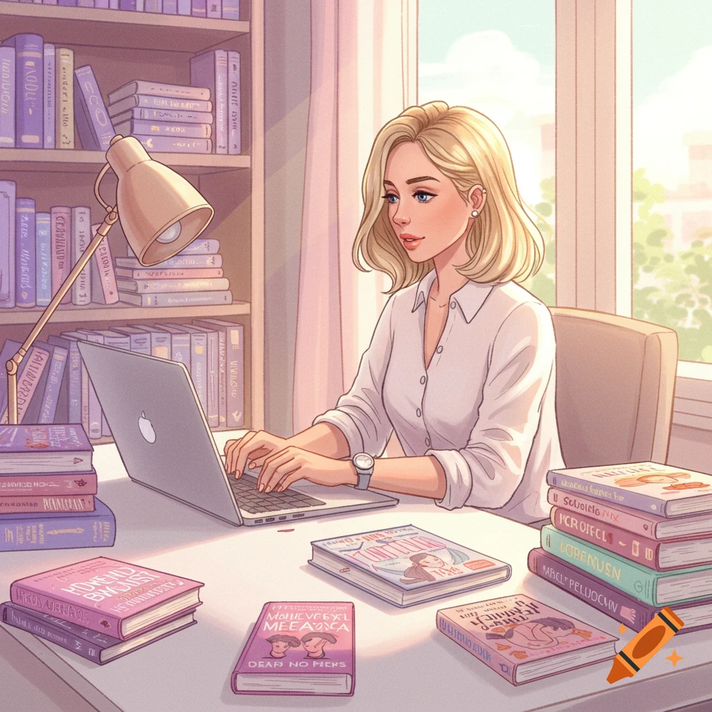 A blonde woman with shoulder-length hair works on a laptop at a desk surrounded by stacks of books in a sunlit room.