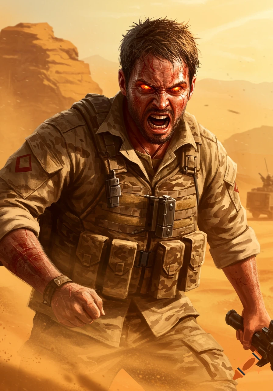 An angry soldier with glowing red eyes and blood on his face and arm yells, wearing camouflage uniform in a desert battlefield.