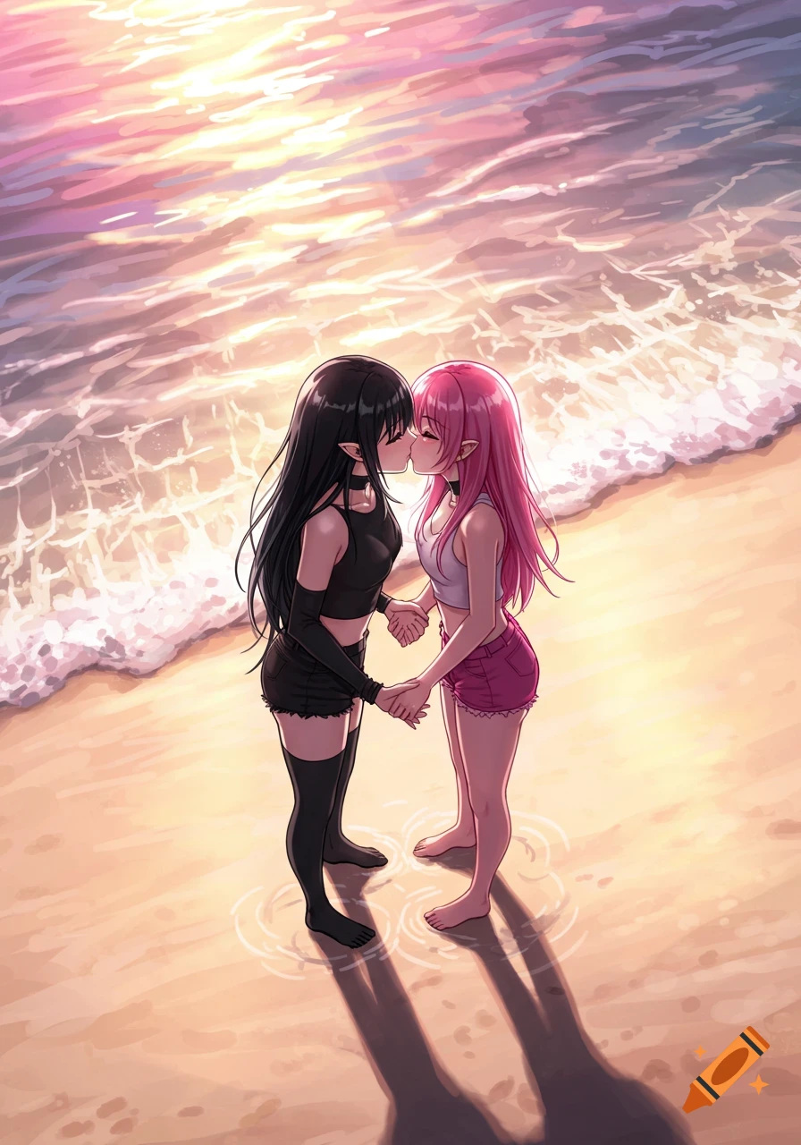 Two anime women, one with black hair and one with pink hair, share a tender kiss and hold hands on a beach at sunset.
