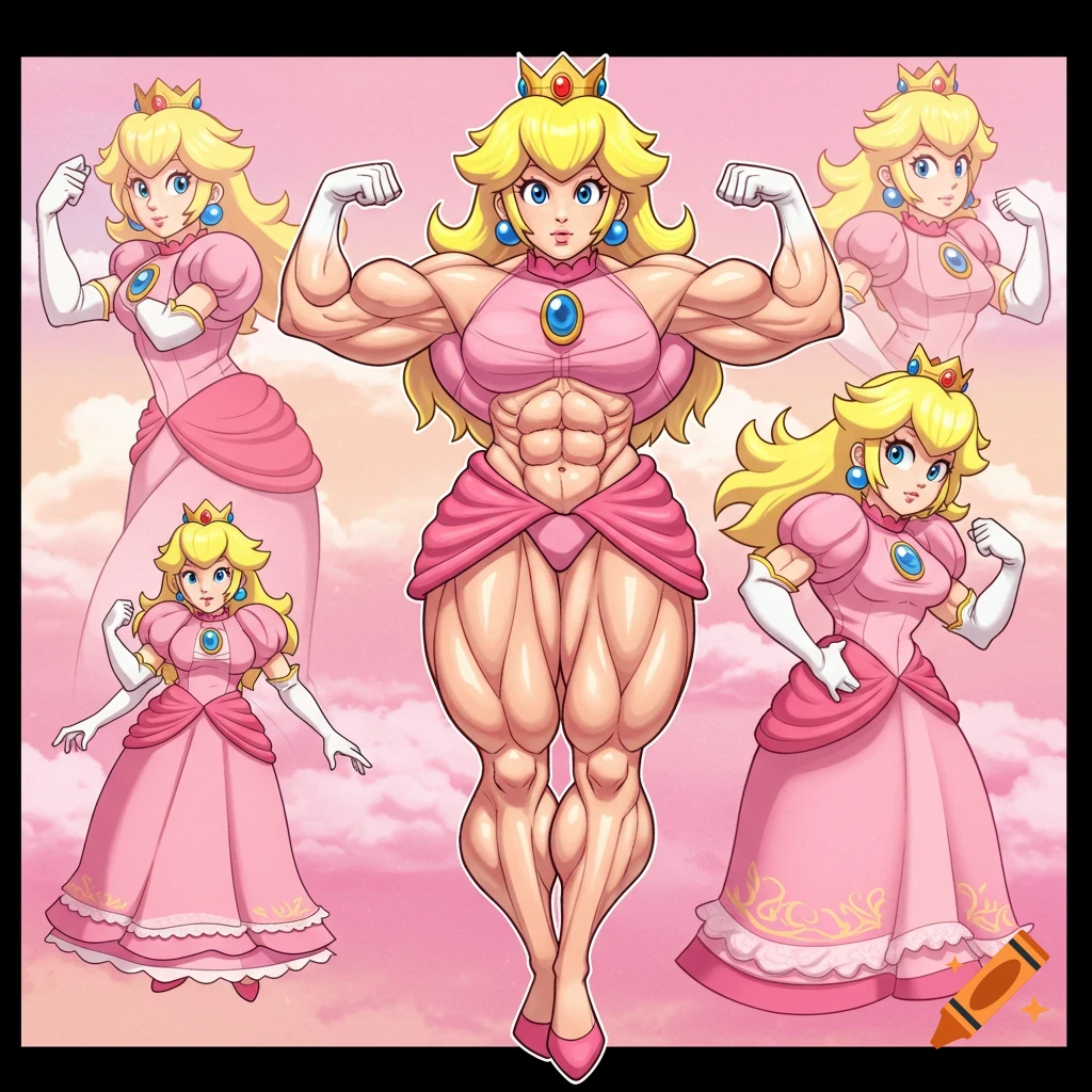 An anime style model sheet showing Princess Peach in various poses and muscle levels, from her traditional appearance to a highly muscular physique flexing, against a pink cloudy background.