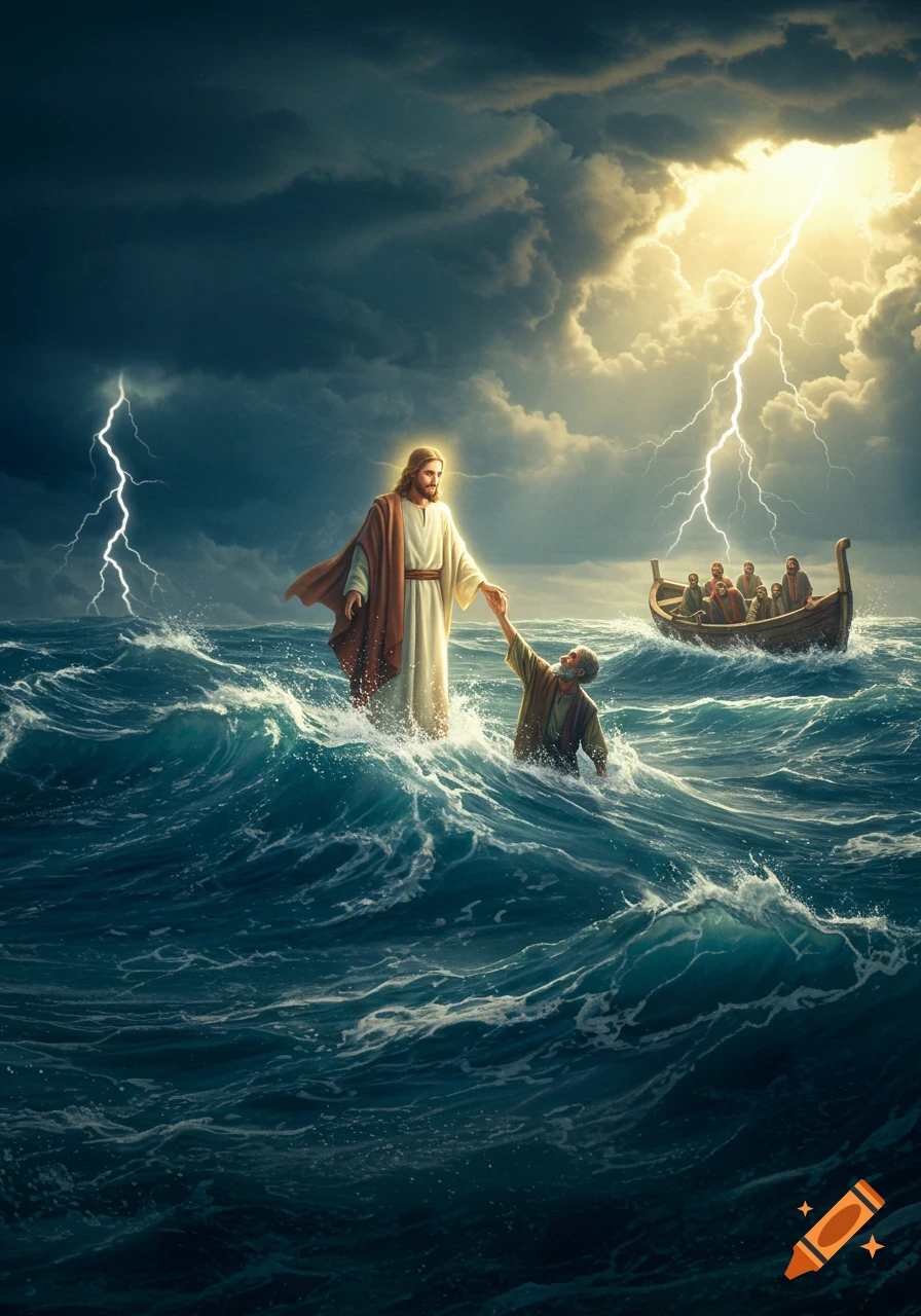 Jesus stands on stormy water, reaching to pull Peter from the waves, with a boat of disciples and lightning in the background.