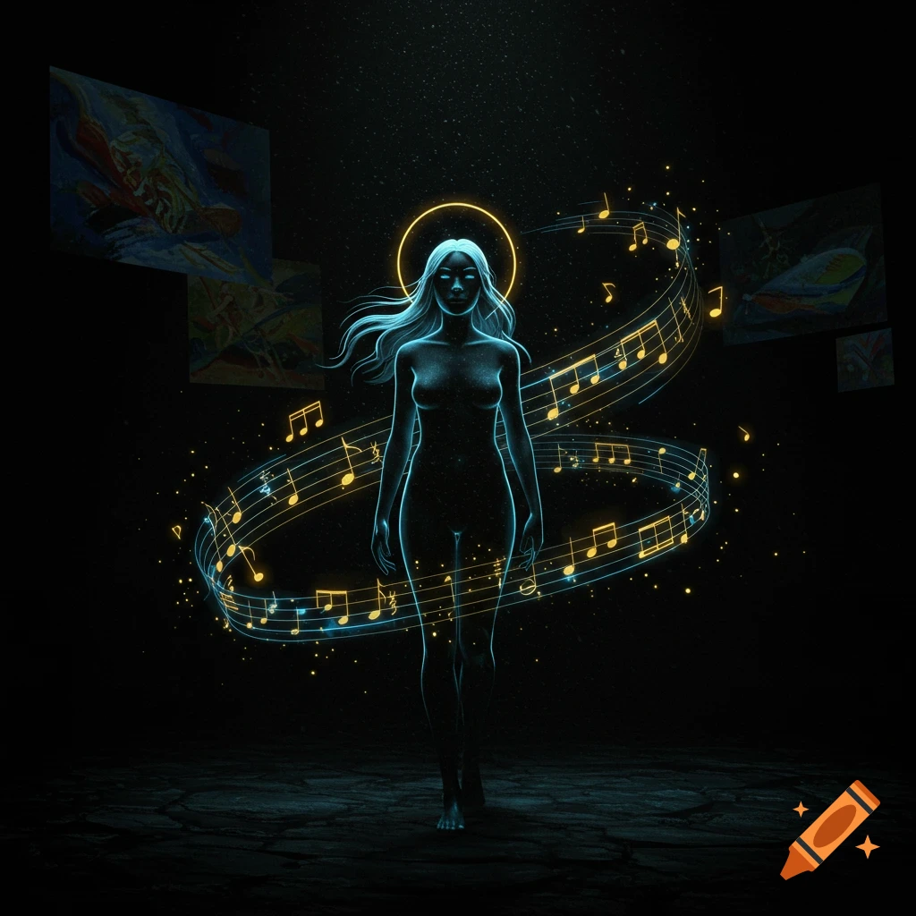 A glowing, ethereal woman stands in darkness surrounded by swirling musical notes and abstract paintings in a digital art style.