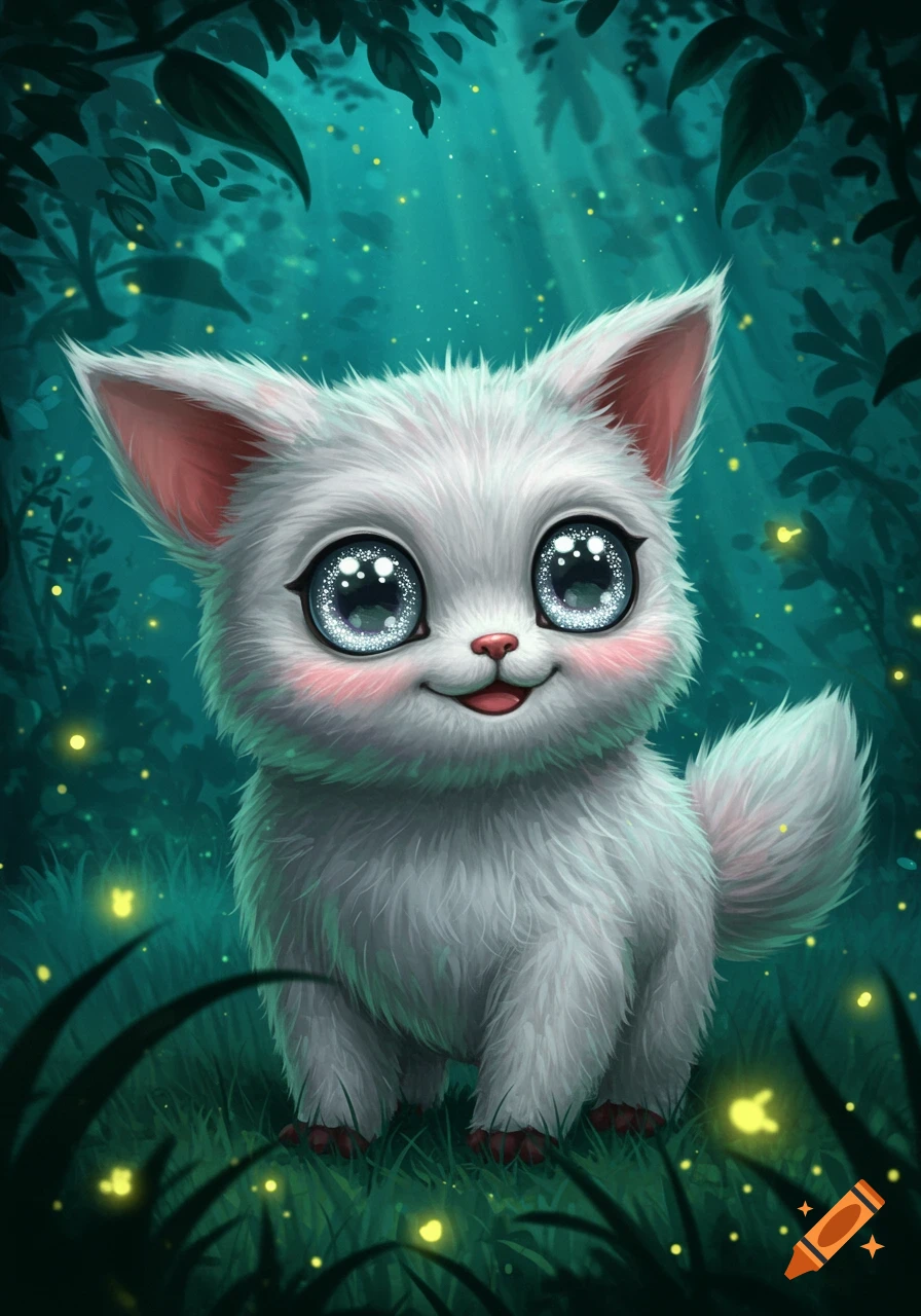A fluffy white creature with big, glittery eyes stands in a dark, magical forest lit by fireflies, digital art.