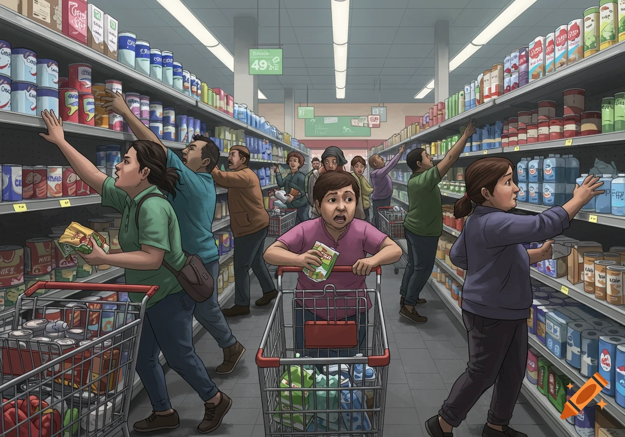 An illustration showing several people in a crowded supermarket aisle, reaching frantically for items on the shelves. One person in the foreground looks panicked.