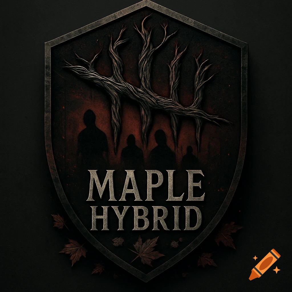 Dark shield logo with ominous tree branches, silhouetted figures, 'MAPLE HYBRID' text, and scattered maple leaves.