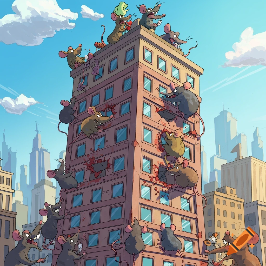 Cartoon rats gnawing on a tall city building, with red splatter and debris falling from the chewed areas, under a blue sky.