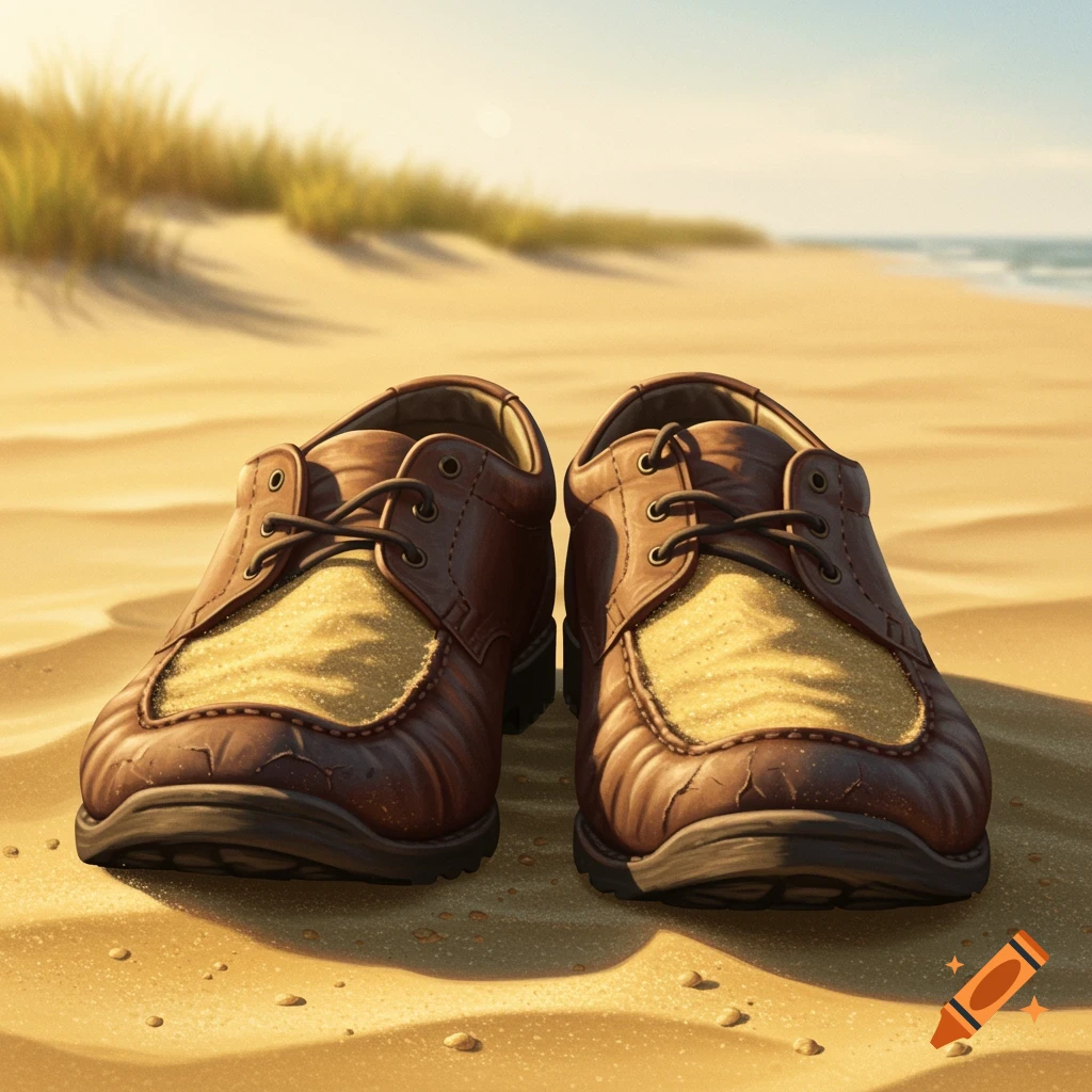 Two brown leather shoes filled with sand sit on a sunny beach with dunes and the ocean in the background.