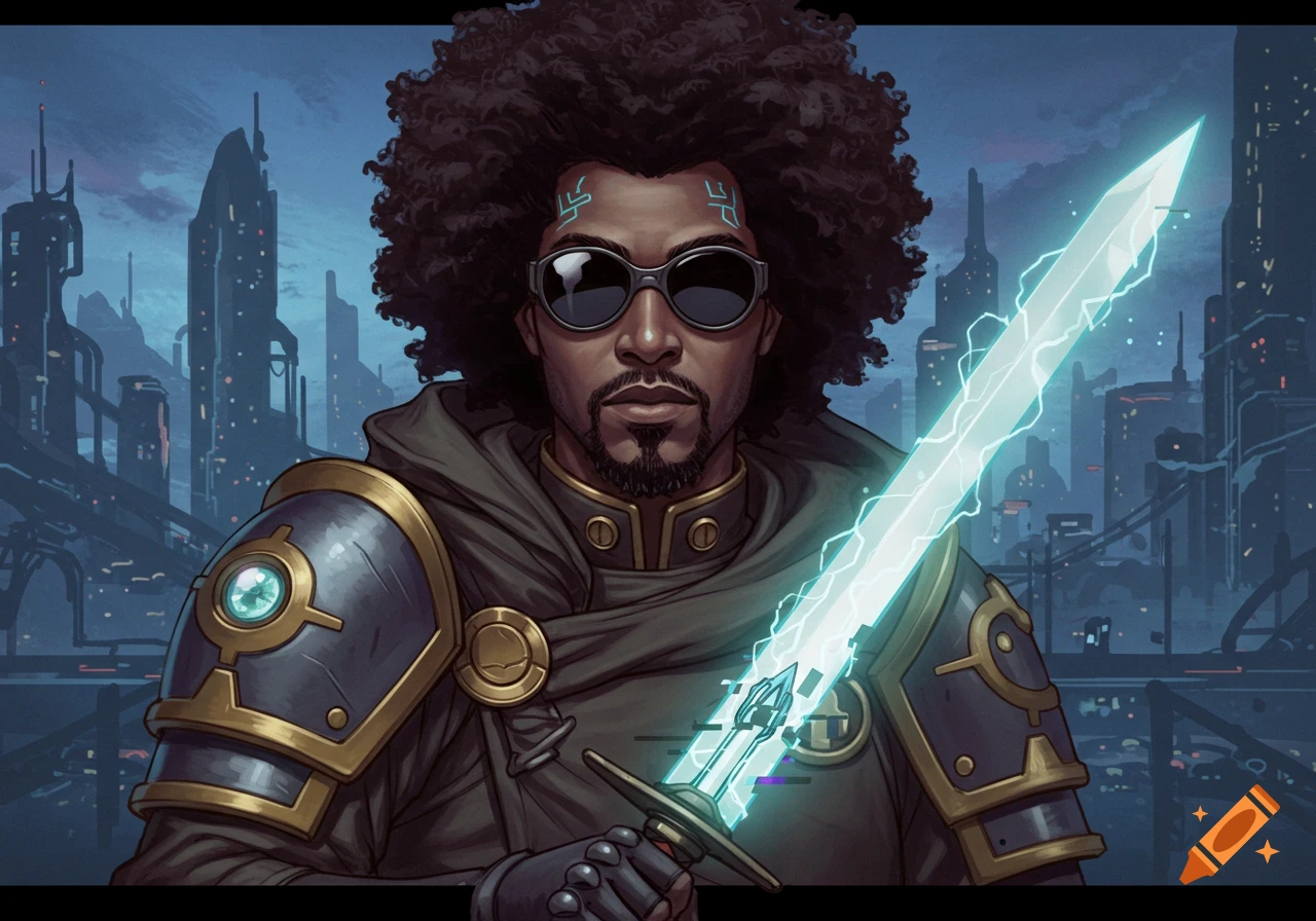 A man with an afro, sunglasses, and a goatee, wearing a cloak and space knight armor, holds a glowing blue, glitchy sword in front of a futuristic city.