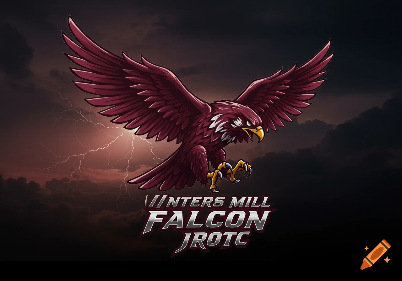 A burgundy and silver falcon logo with spread wings and extended claws against a stormy sky with lightning, featuring the text 'WINTERS MILL FALCON JROTC'.
