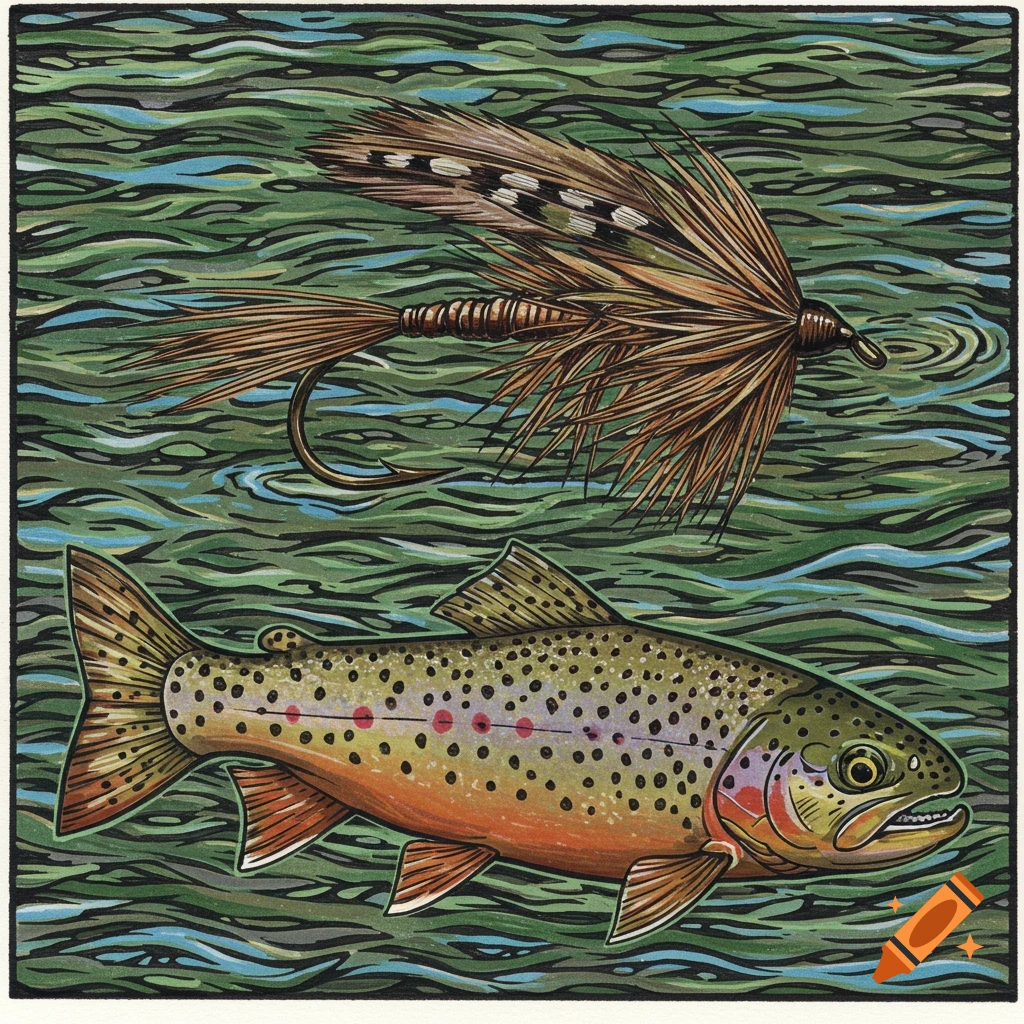 A brown trout swims beneath a fly fishing lure in woodcut style.