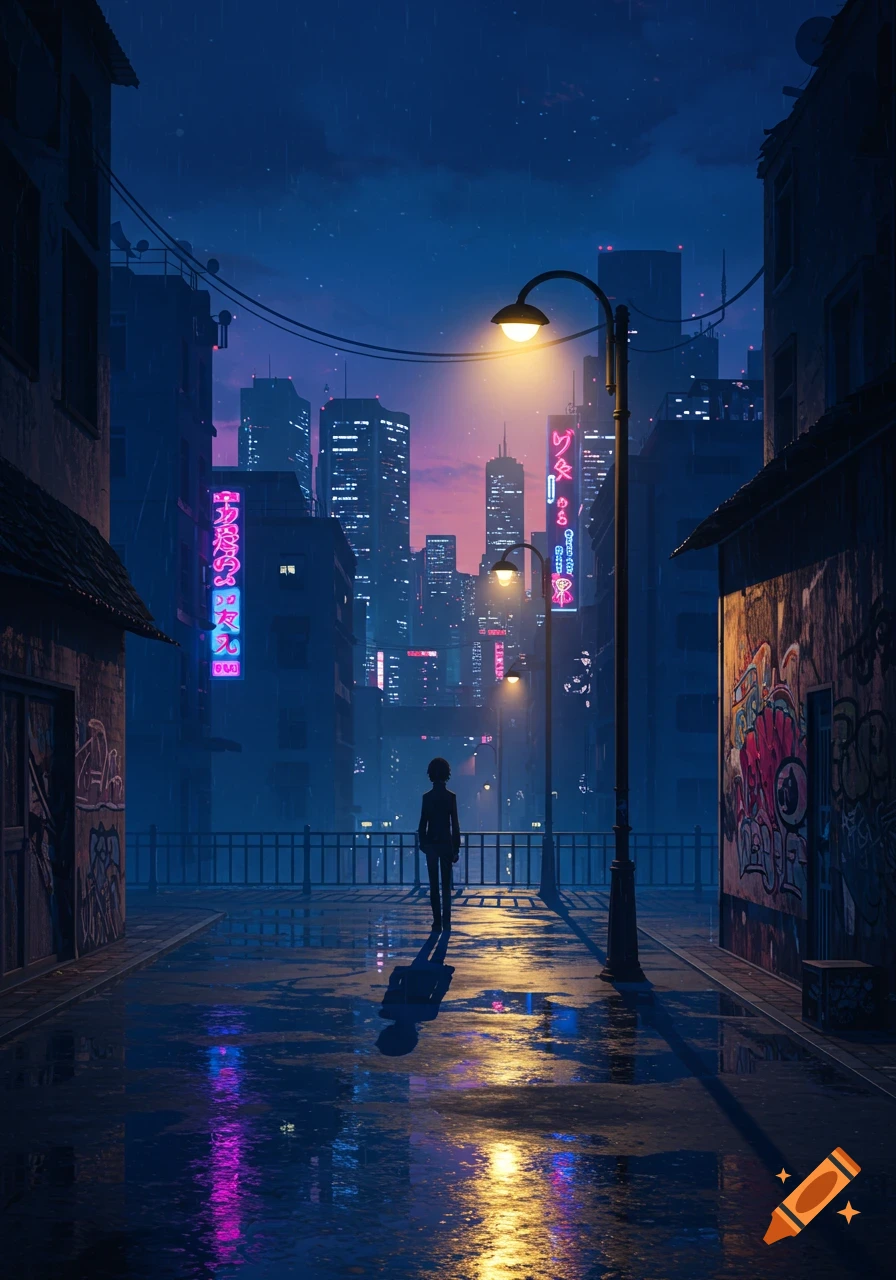 A lone figure walks down a rainy city street at night, illuminated by neon signs and a streetlamp in a cyberpunk anime style.