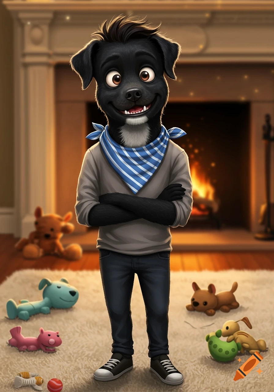 A smiling anthropomorphic black dog in a grey shirt, jeans, and a striped bandana stands with arms crossed in a cozy living room with a fireplace and dog toys.