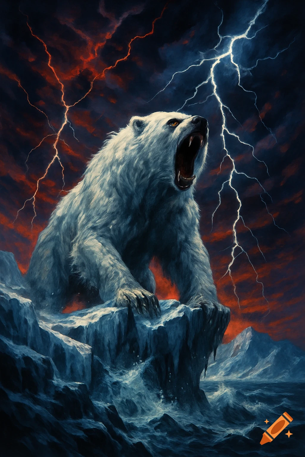 A furious polar bear roars atop jagged ice formations under a dark, stormy sky with red clouds and lightning strikes. Digital painting style.