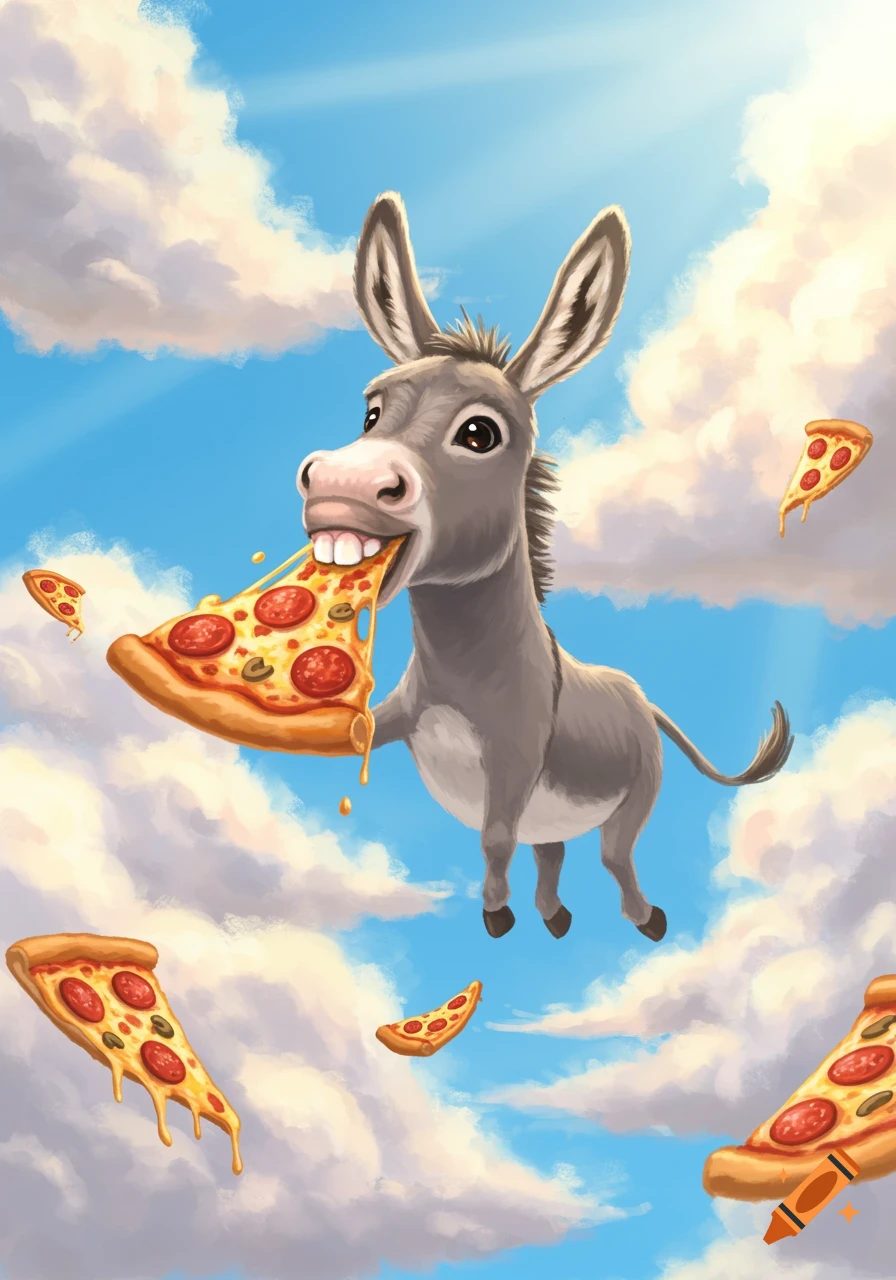 A whimsical cartoon donkey floats in a blue sky, happily eating a slice of pepperoni pizza with other slices around.