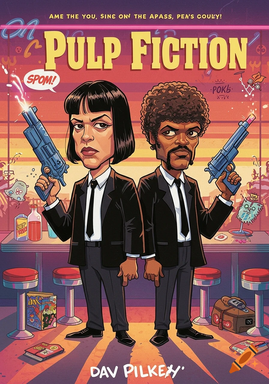 Stylized cartoon book cover for Pulp Fiction by Dav Pilkey, featuring caricatures of Mia Wallace and Jules Winnfield holding guns in a diner setting.